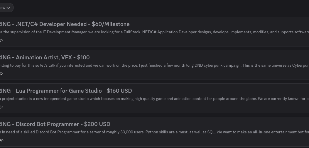 screenshot of job board